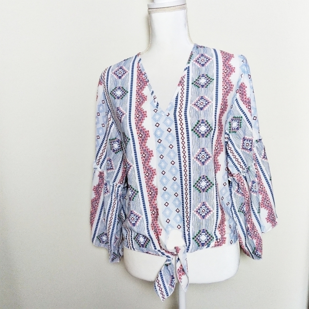 Lavender Field Tie Front Tribal Print Blouse Small